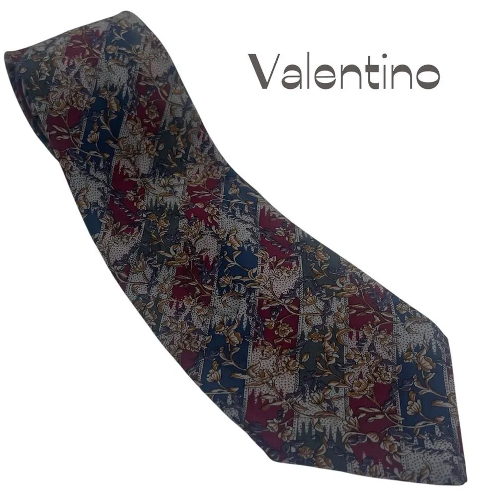 Valentino Burgundy Navy Gold Italian Silk Luxury Necktie
